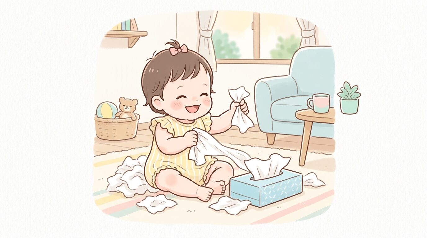 リビングでティッシュ箱から次々とティッシュを引き出して笑顔を見せる生後7か月ほどの赤ちゃん