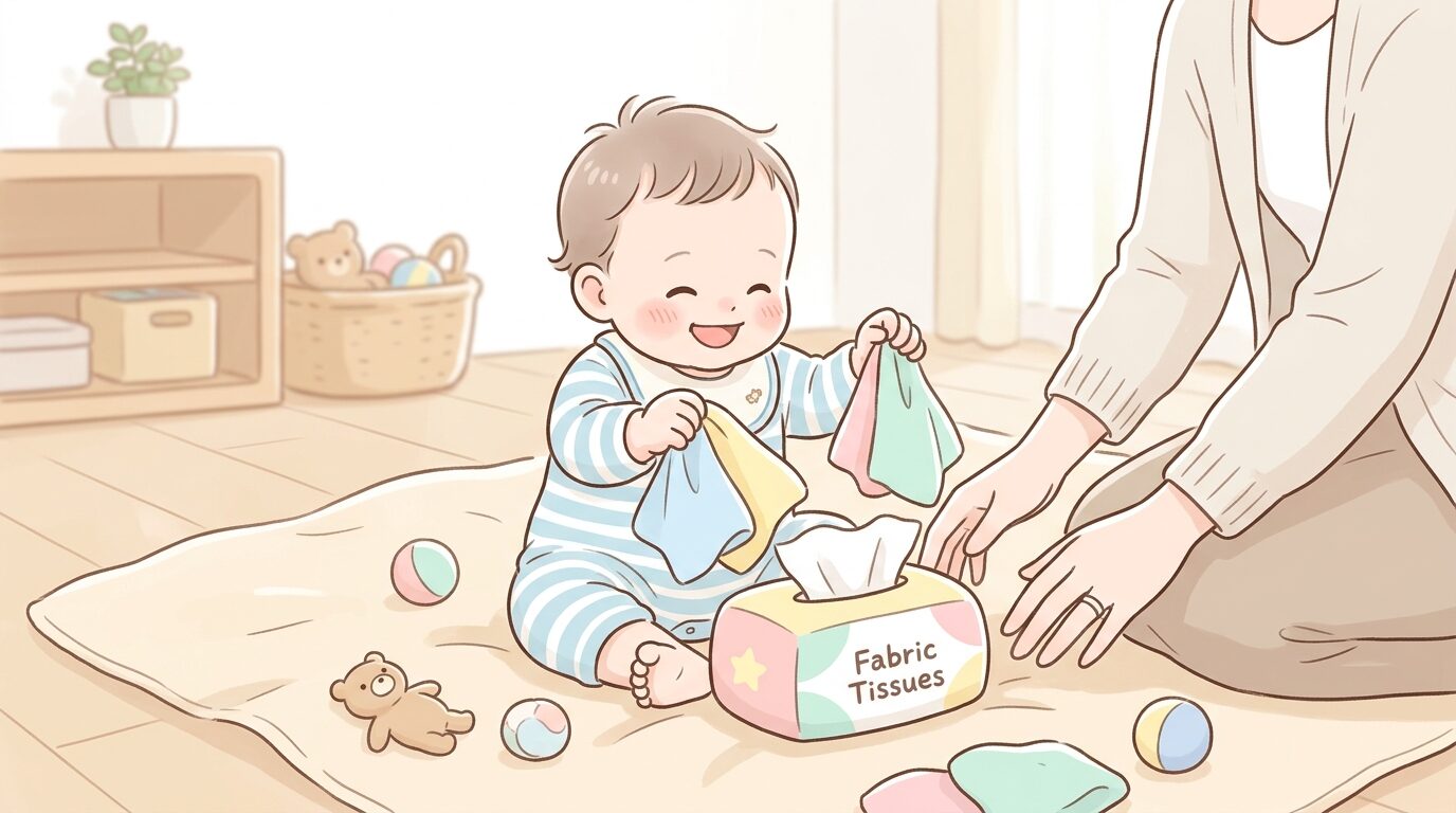 布製のティッシュ引っ張りおもちゃで遊ぶ赤ちゃんとそばで見守る母親の手元