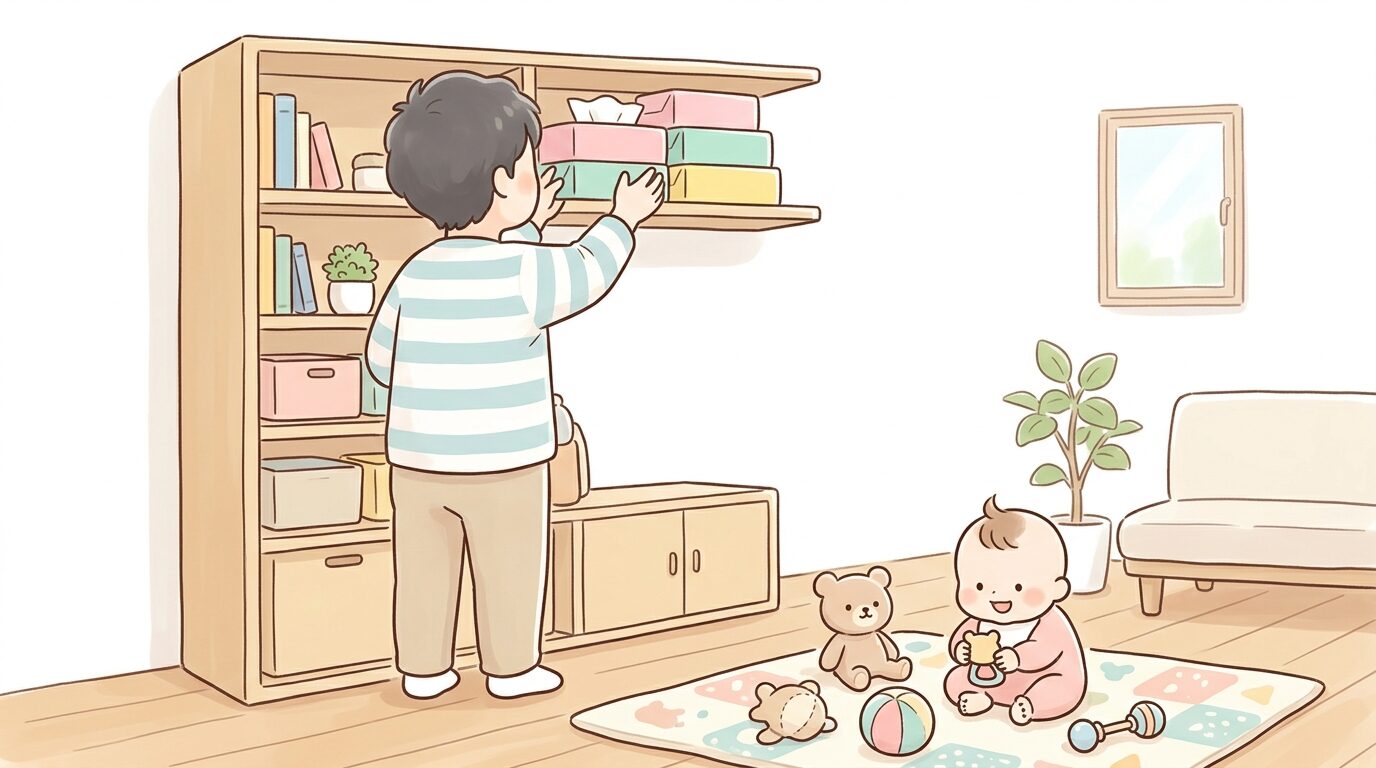 リビングの安全対策としてティッシュ箱を高い棚に移動させ整理整頓する父親の後ろ姿