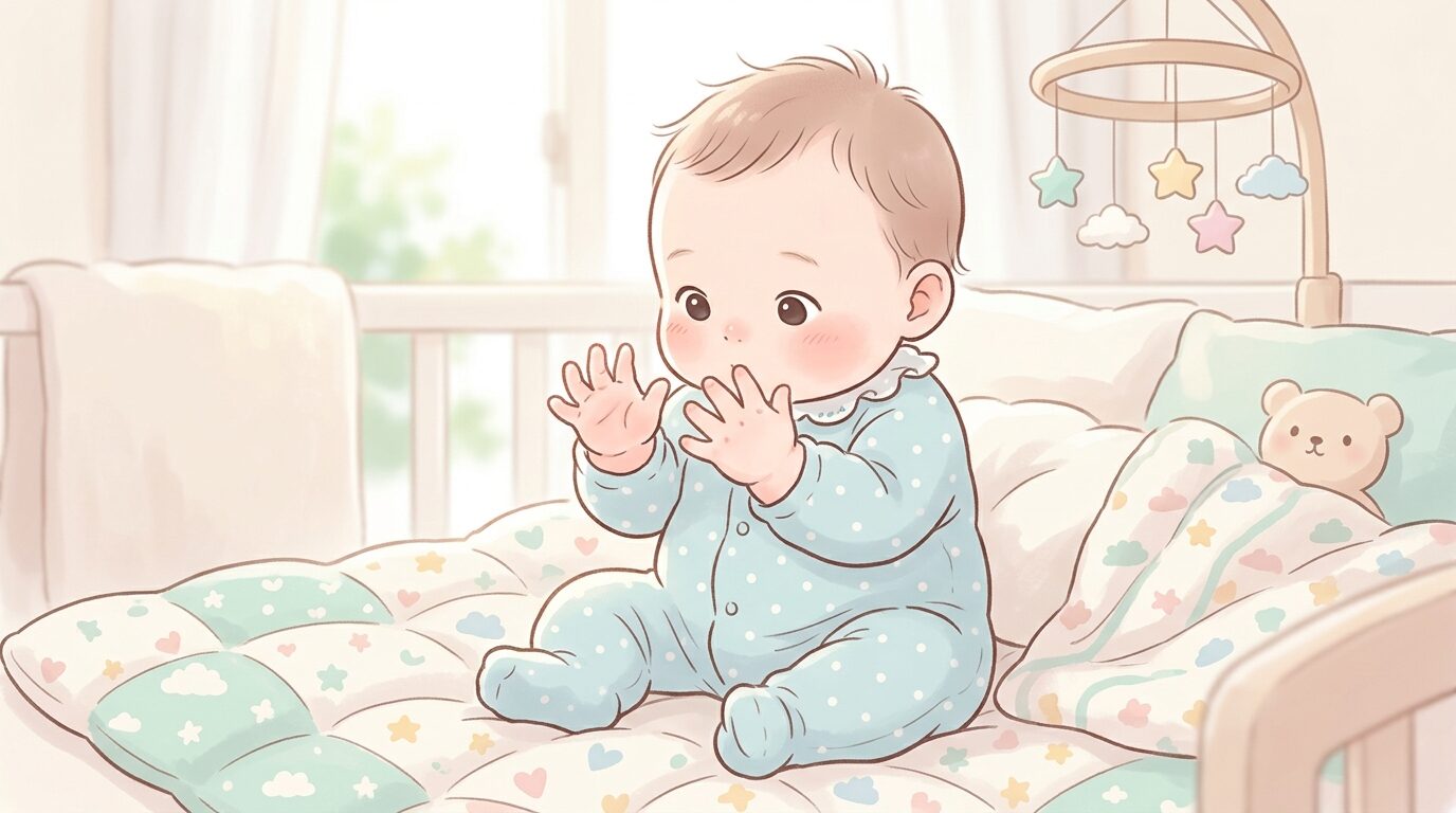 生後数ヶ月の赤ちゃんが自分の両手をじっと見つめている柔らかい光の中の写真