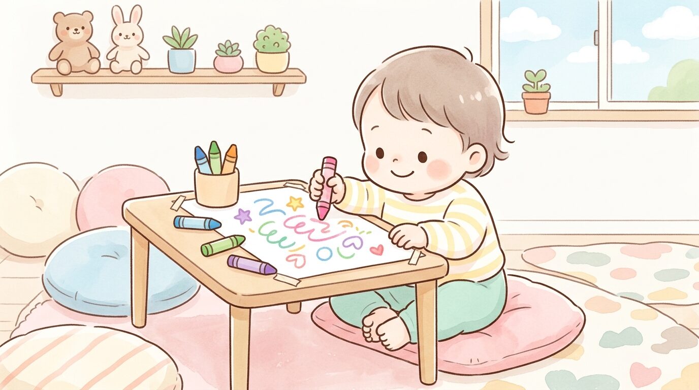 1歳半ごろの子どもがクレヨンを持ってお絵描きを楽しんでいる様子