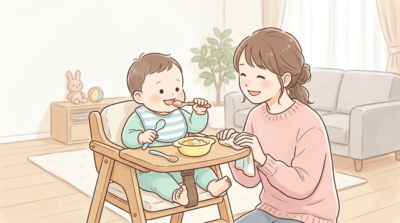 リビングでスプーンを両手に持ち替えながら離乳食を食べる赤ちゃんと見守る母親