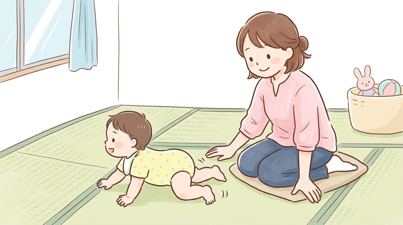 畳の上でハイハイをする生後8か月ほどの赤ちゃんの足元を優しく見守る母親