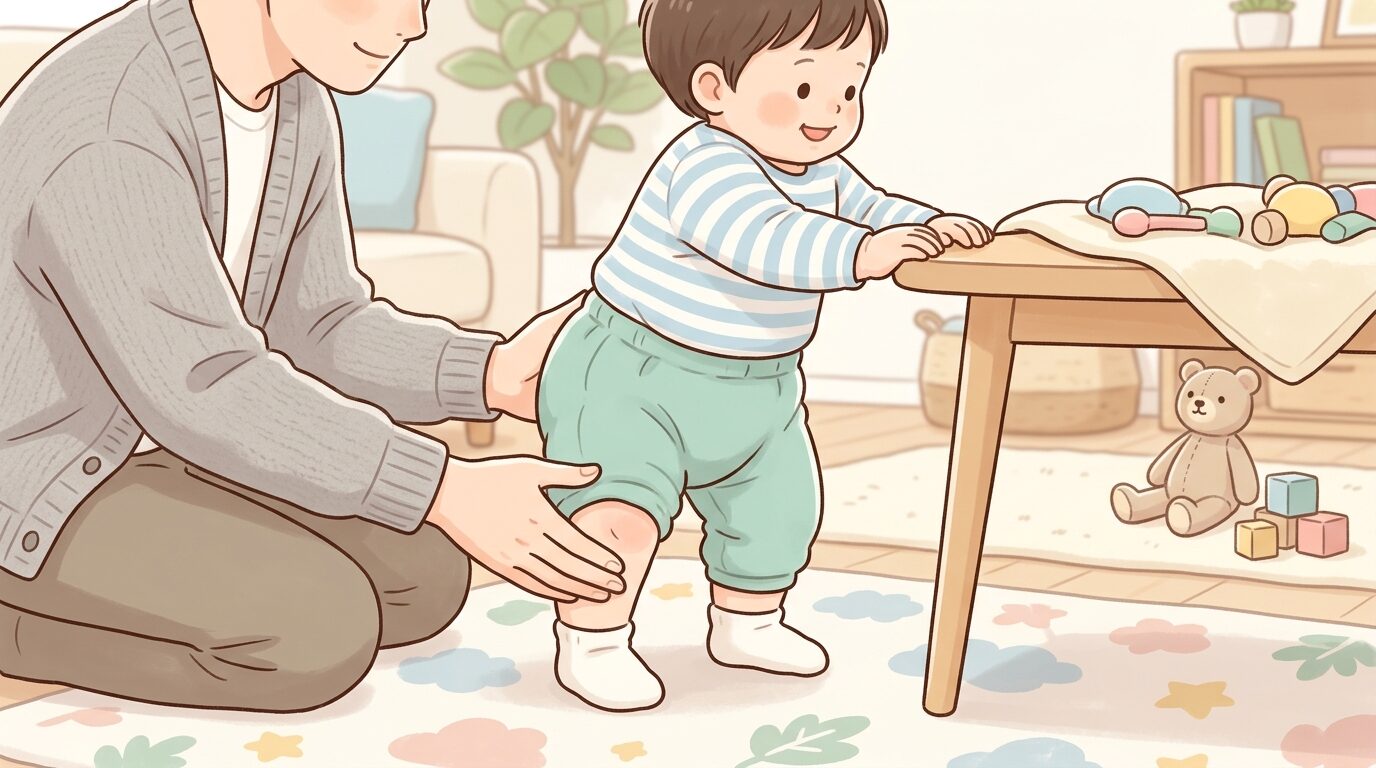 リビングでつかまり立ちをする1歳児の足元を優しくチェックする父親の手
