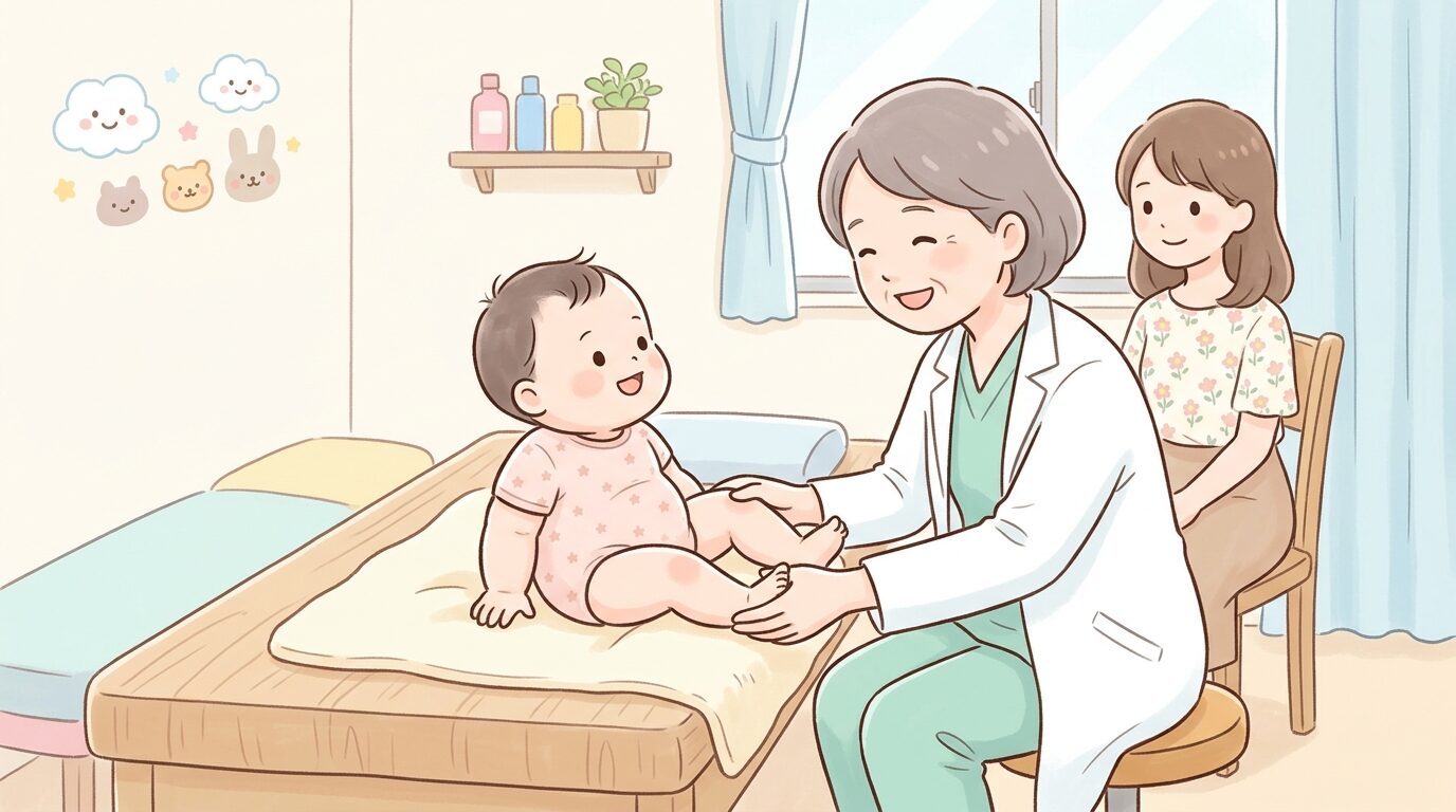 小児科の診察室で医師が子どもの膝の状態を優しく確認している様子