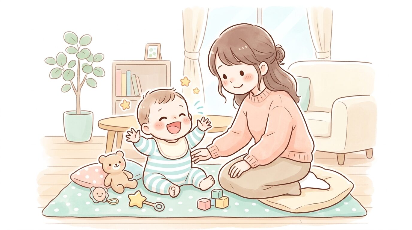 リビングで笑顔で高い声をあげてはしゃぐ生後6か月ほどの赤ちゃんと、優しく見守る母親の様子