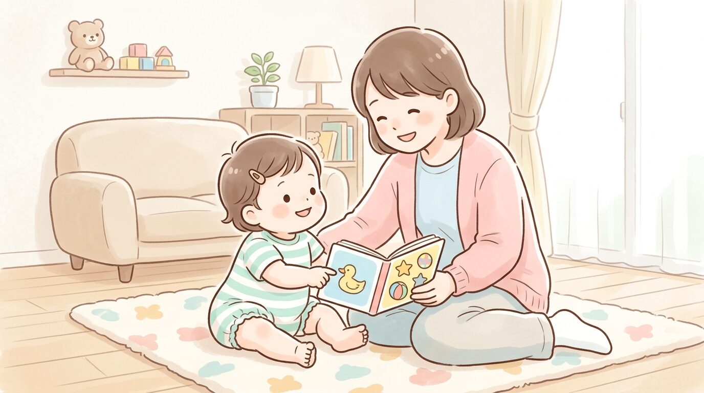 リビングの床に座って絵本を指差しながらママに言葉で伝えようとする1歳半くらいの子ども
