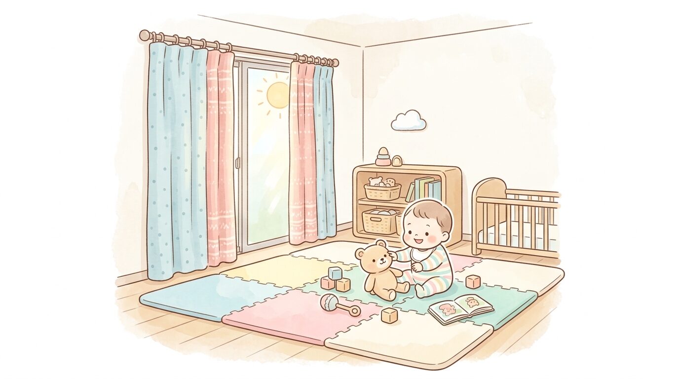 賃貸マンションの一室で防音マットを敷いた子ども部屋と、窓辺に掛けられた厚手のカーテン