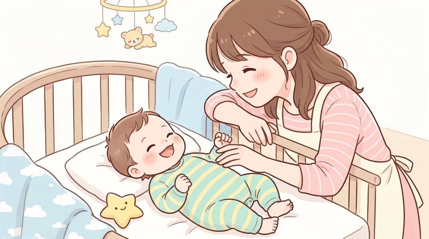 ベビーベッドで仰向けになった生後2〜3ヶ月の赤ちゃんが、あやす母親の顔を見てにっこりと微笑んでいる様子