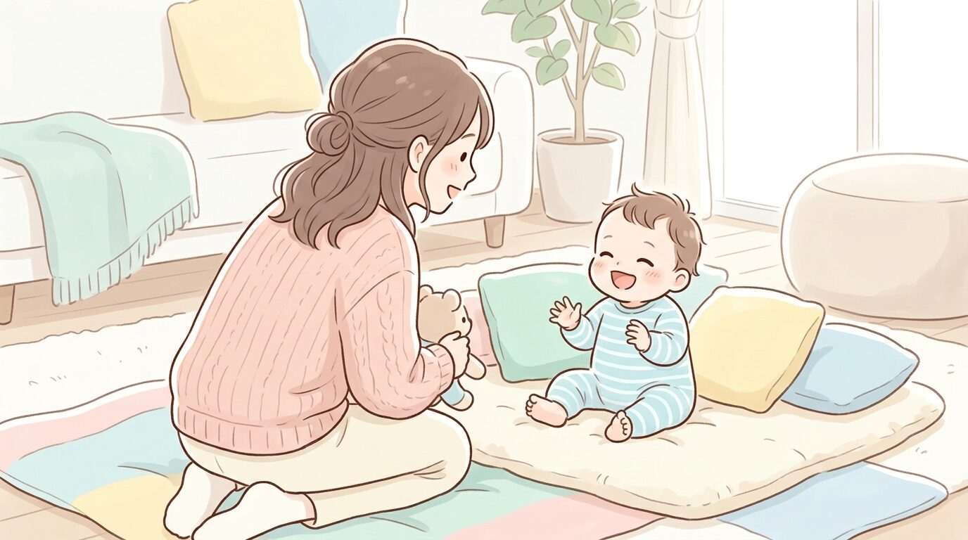 柔らかいクッションが敷かれた明るいリビングで、赤ちゃんと目線を合わせて楽しそうに語りかける母親の後ろ姿