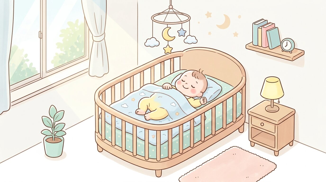 静かな寝室でベビーベッドの赤ちゃんがすやすやと眠っている柔らかな朝の光の写真