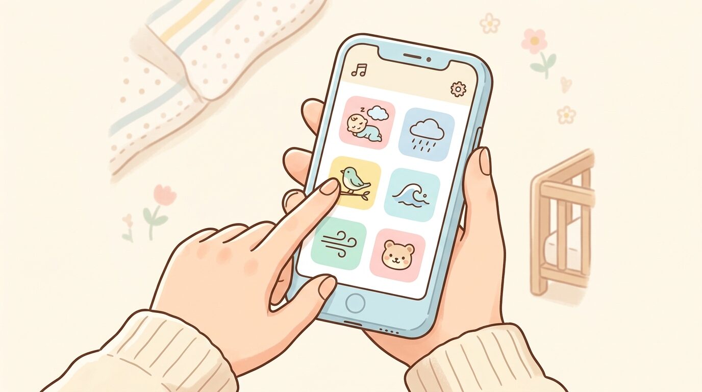 スマートフォンのアプリ画面で環境音の種類を選んでいる親の手元のクローズアップ