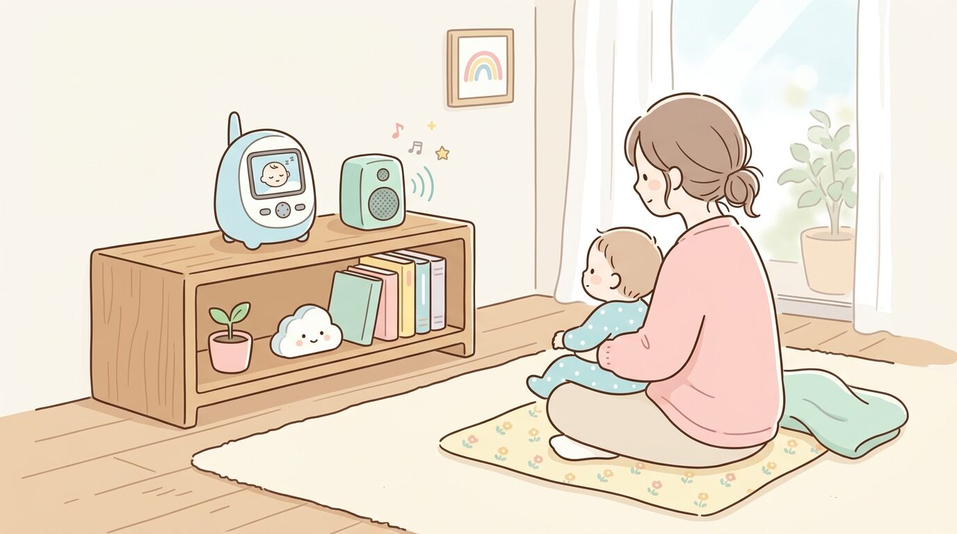 リビングでベビーモニターとスピーカーが置かれた棚と、その横で穏やかに過ごす親子の後ろ姿