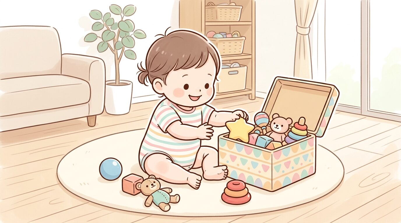 リビングの床に座り、カラフルなおもちゃ箱からおもちゃを取り出して遊ぶ生後8ヶ月ごろの赤ちゃん