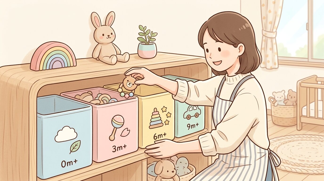 木製の収納棚に月齢別のおもちゃボックスを並べて整理する母親の手元、明るいナチュラルな子供部屋