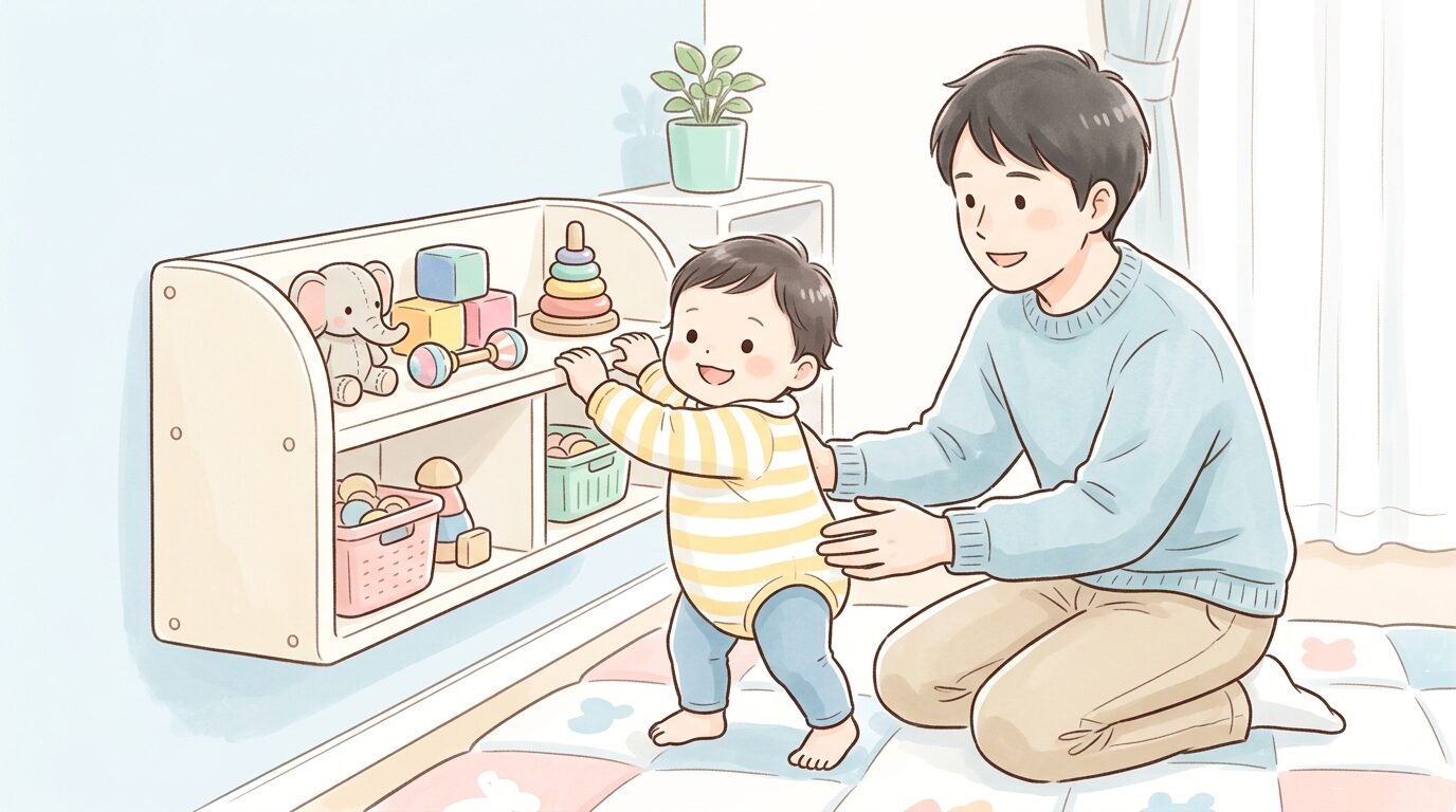 壁に固定された低い収納棚の前で、つかまり立ちの練習をする生後10ヶ月ごろの赤ちゃんとそばで見守る父親