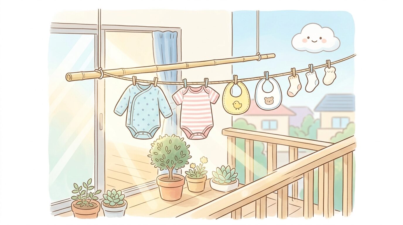 赤ちゃんの小さな肌着やスタイが干されたベランダの物干し竿、やわらかい朝日が差し込む風景