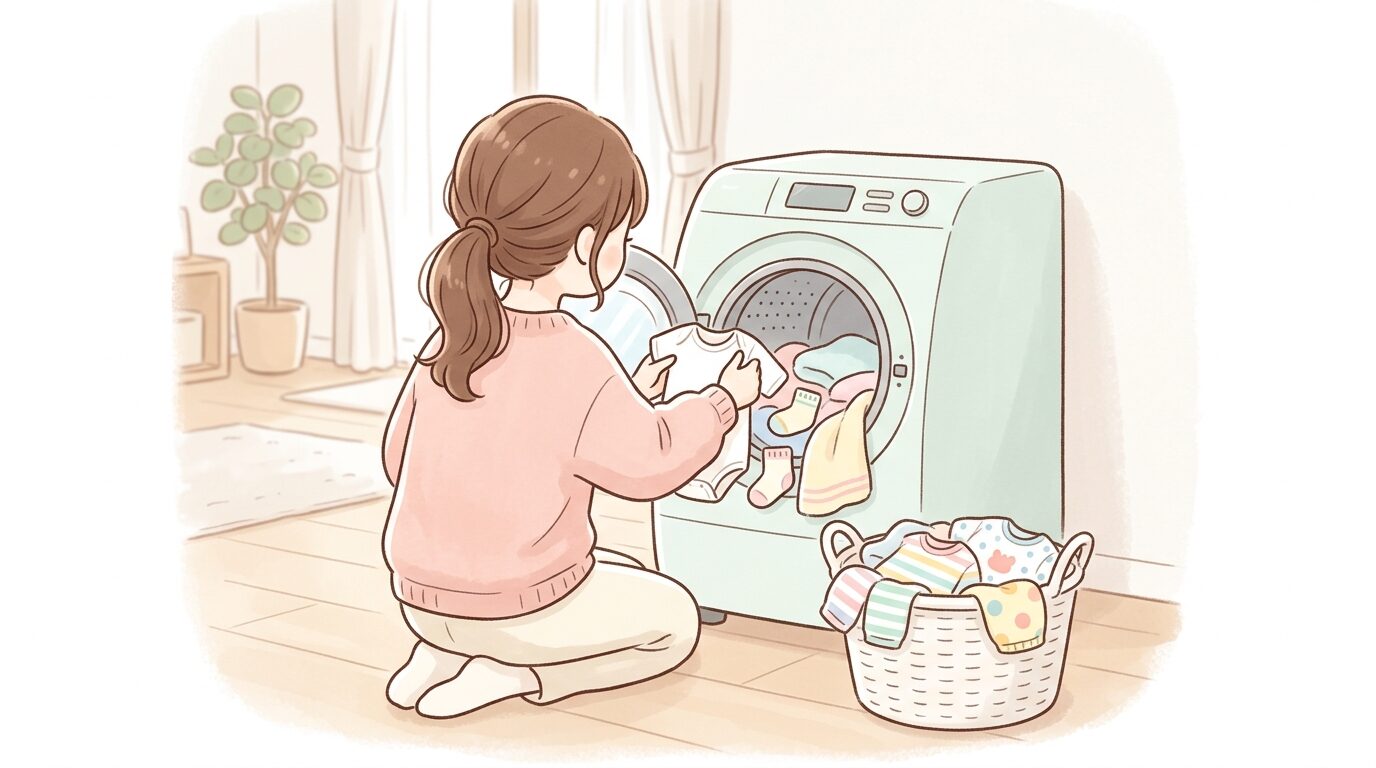 リビングに置かれたドラム式洗濯機に赤ちゃんの服とタオルを入れる母親の後ろ姿