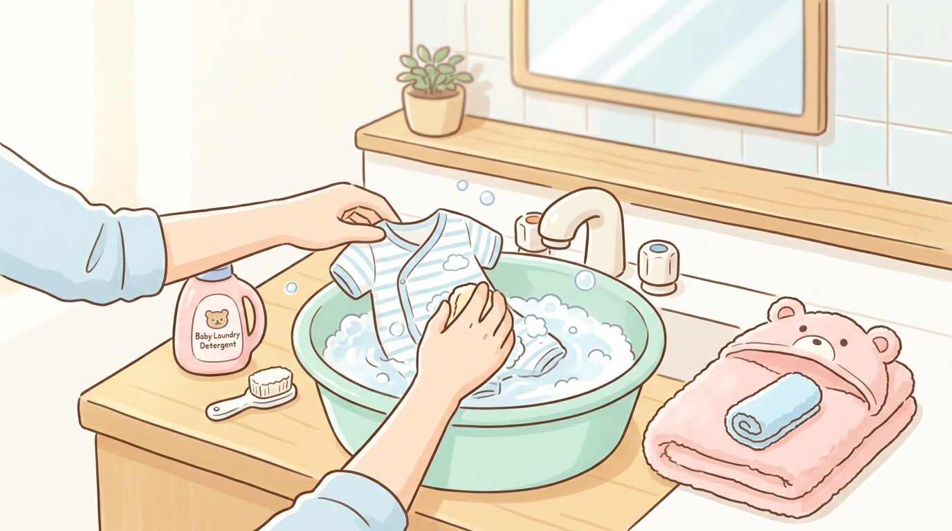 洗面所でベビー服を手洗いする親の手元、洗剤とベビーバスタオルが横に置かれている様子