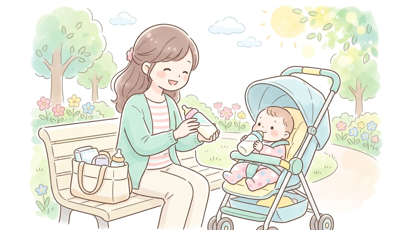 明るい公園でベビーカーに乗った赤ちゃんに笑顔でミルクをあげる母親の様子