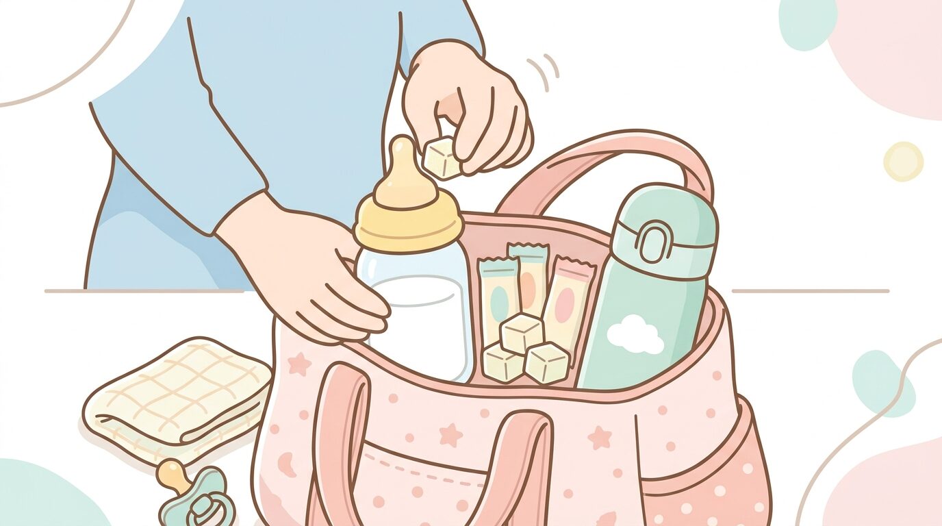 外出用バッグに粉ミルクのキューブタイプと哺乳瓶、水筒を並べて準備している手元