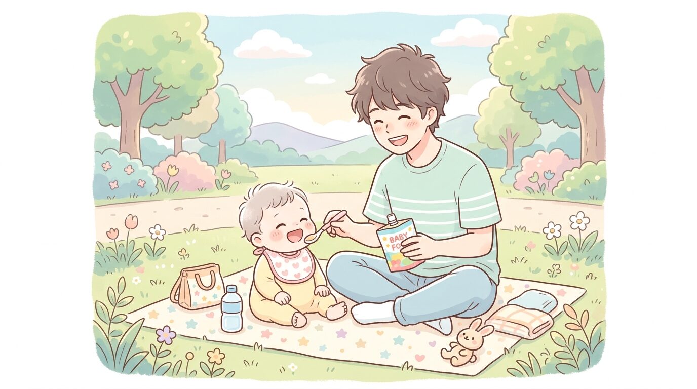 レジャーシートの上でパウチ入りベビーフードを赤ちゃんに食べさせる父親の笑顔