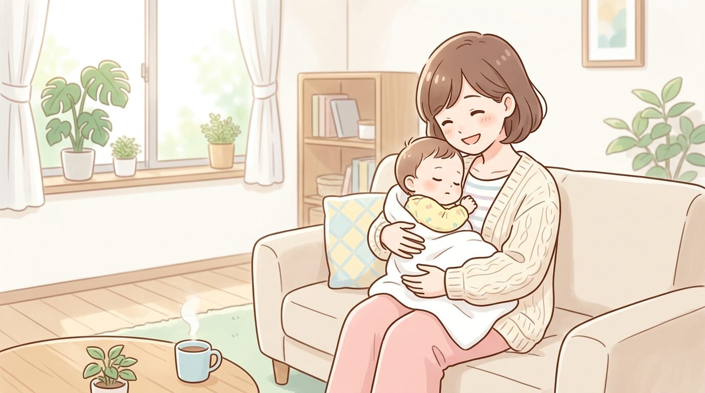 リビングで赤ちゃんを優しく抱っこしながら微笑む20代の母親、柔らかい自然光が差し込む部屋