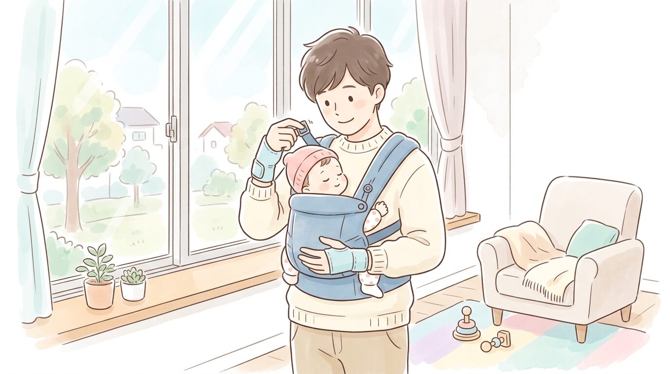手首にサポーターを巻きながら赤ちゃんの抱っこ紐を調整する父親、リビングの窓際