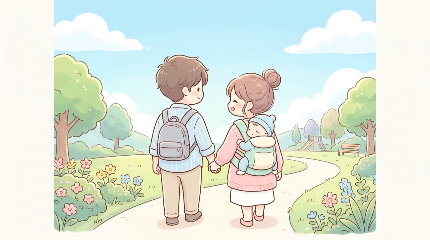 抱っこ紐を装着して赤ちゃんを抱えながら公園を散歩する両親の後ろ姿、爽やかな青空の下