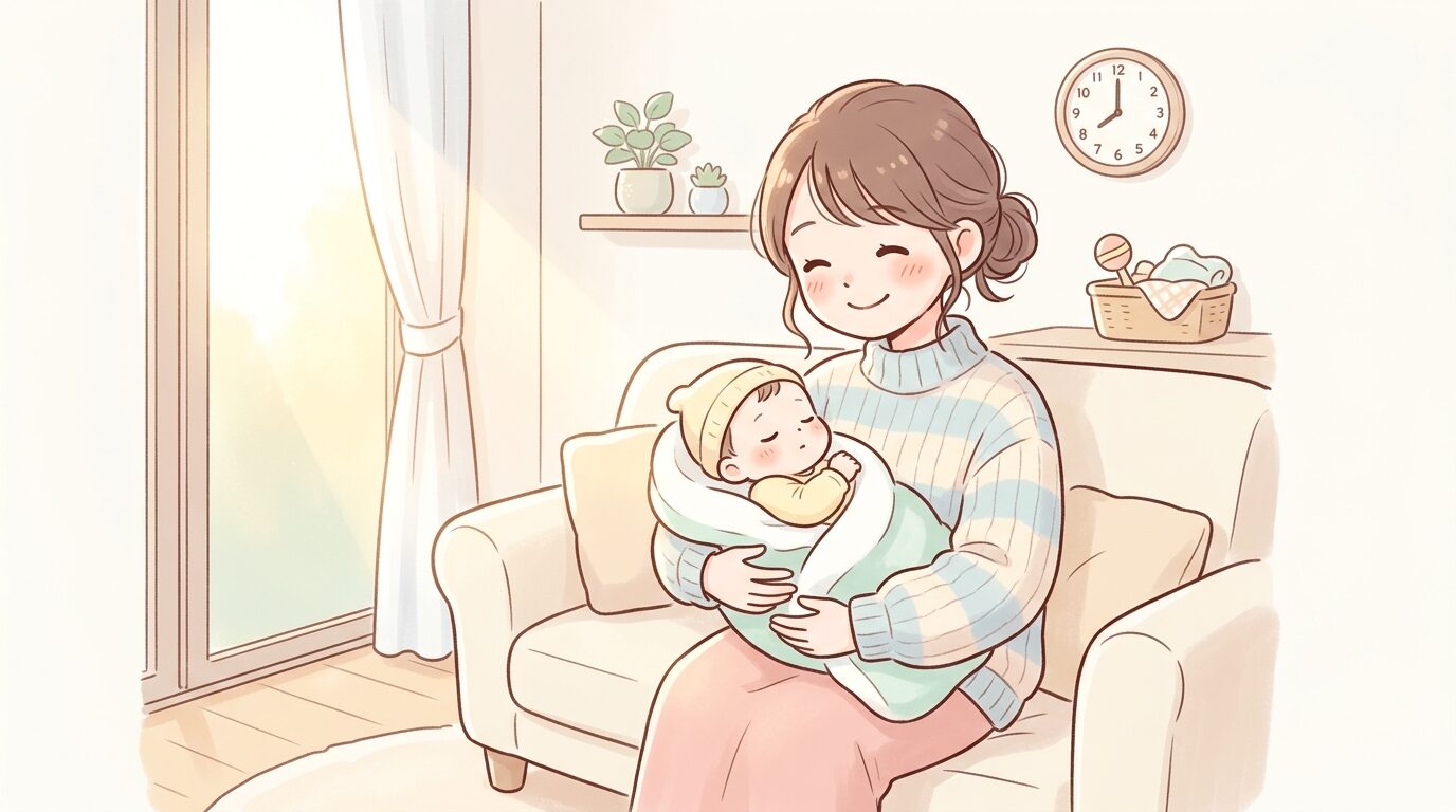 朝の光が差し込むリビングで赤ちゃんを抱っこして微笑む母親