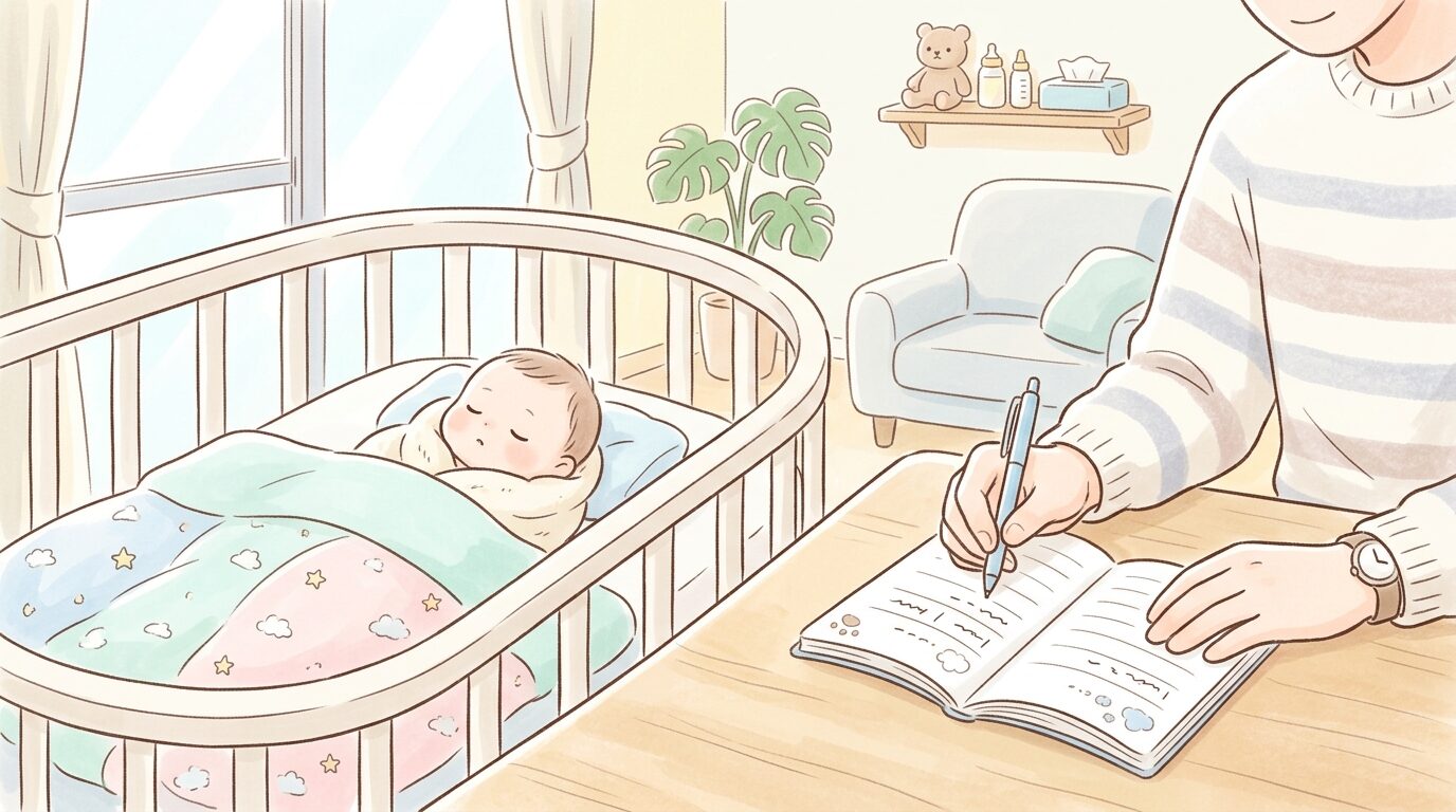 リビングでベビーベッドに眠る新生児と、そばで日誌をつける父親の手元