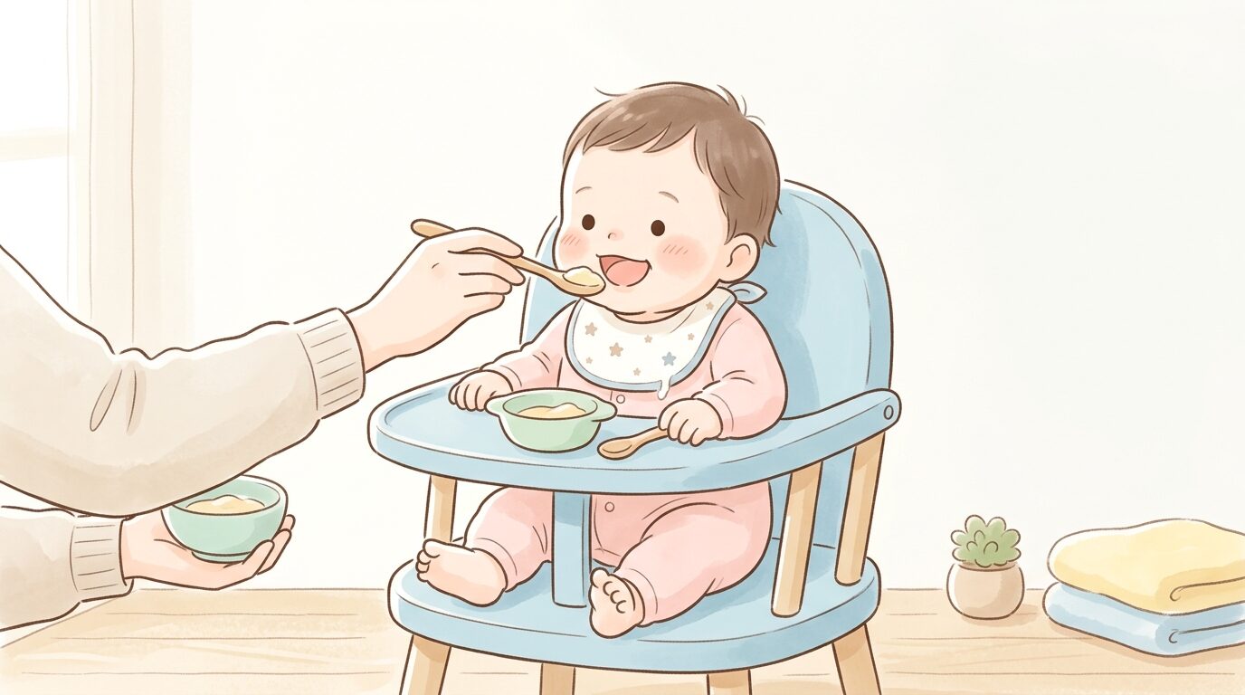 離乳食用の椅子に座って初めての食事をスプーンで食べる赤ちゃん
