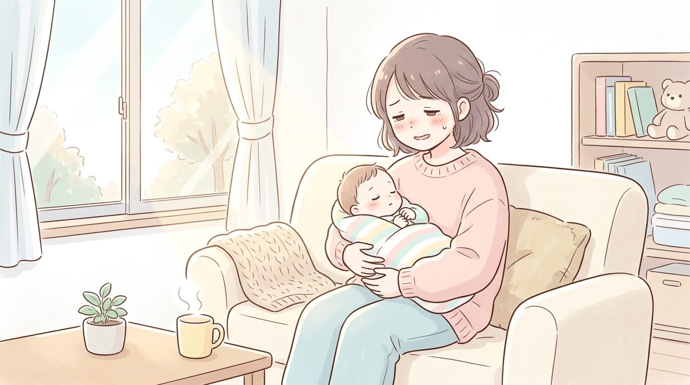 リビングで赤ちゃんを抱っこしながら疲れた表情を見せる20代後半の母親、朝の柔らかい光が差し込む部屋