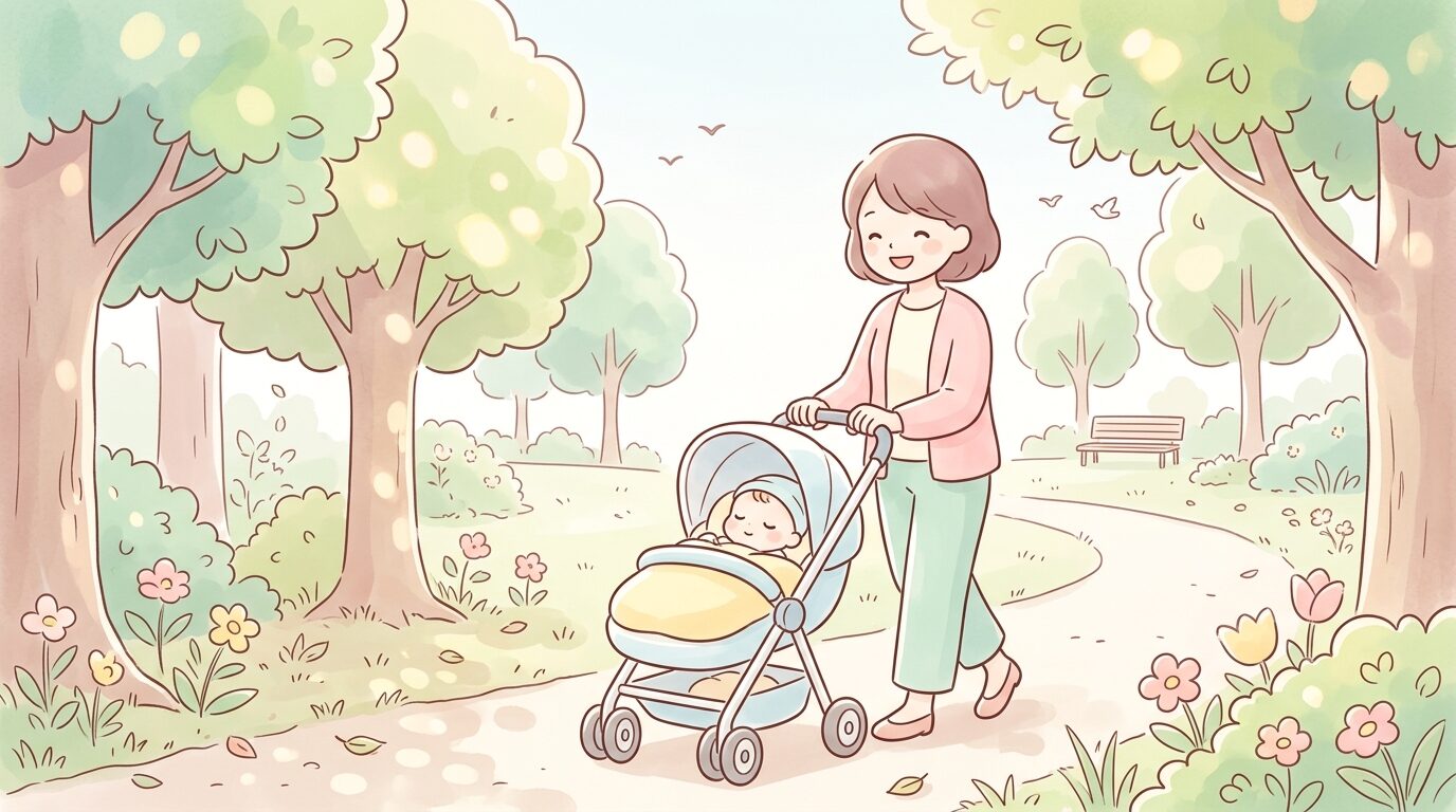 午前中の公園でベビーカーに乗った赤ちゃんと散歩する親、木漏れ日が差す穏やかな風景