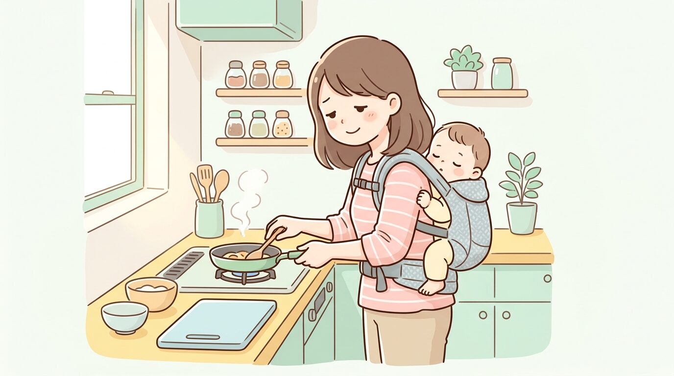 夕方のキッチンでおんぶ紐を使いながら夕食の準備をする母親、少し疲れているが穏やかな表情