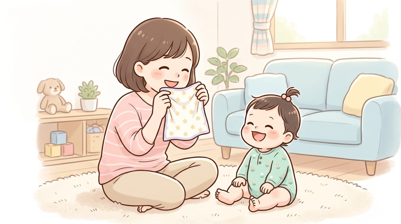 リビングでハンカチを使っていないいないばあをして笑い合う母親と1歳の赤ちゃん