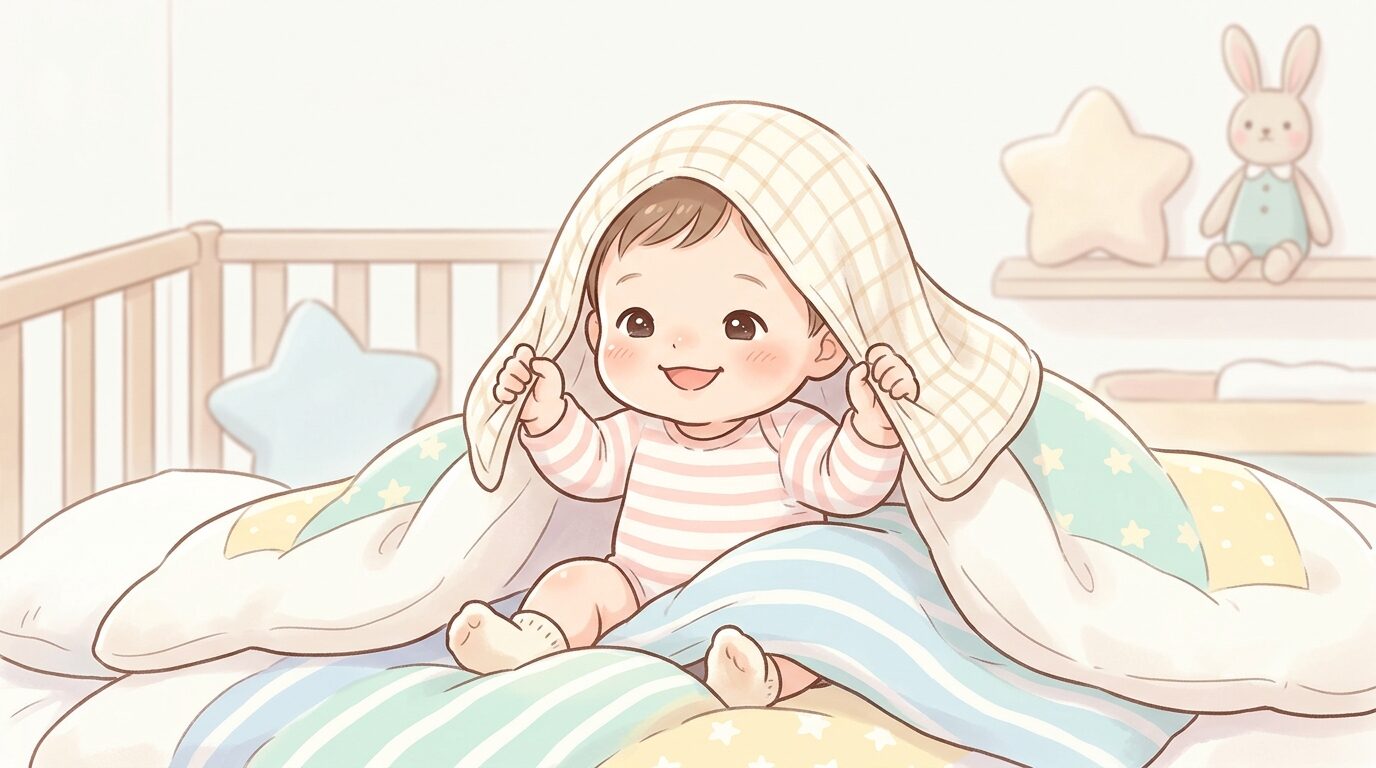 布団の中からタオルを使ってひとりでいないいないばあをする1歳の子どもの様子