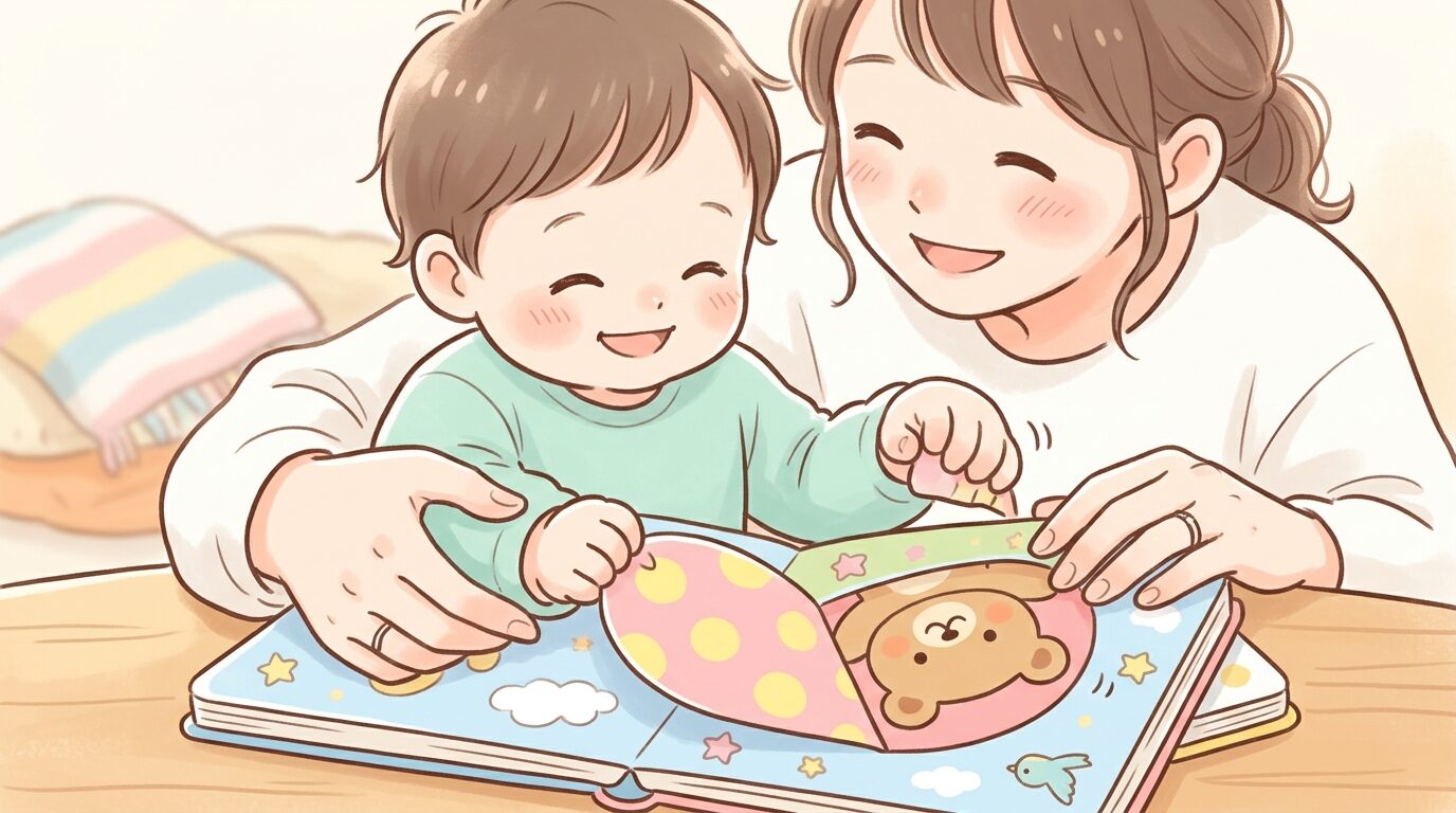 しかけ絵本を一緒にめくりながら笑顔で遊ぶ親子の手元アップ