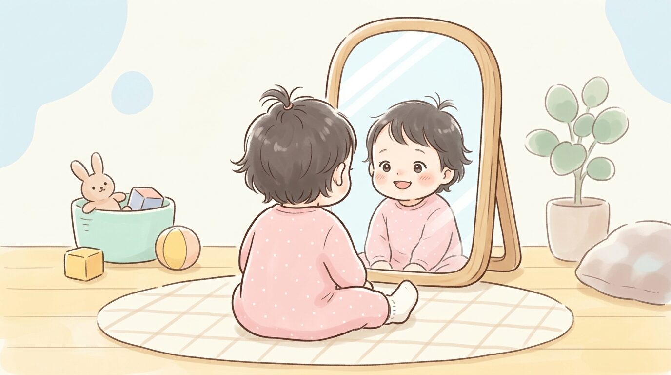 リビングの床に座り、大きな鏡に映る自分の顔を興味深そうに見つめる1歳児の後ろ姿