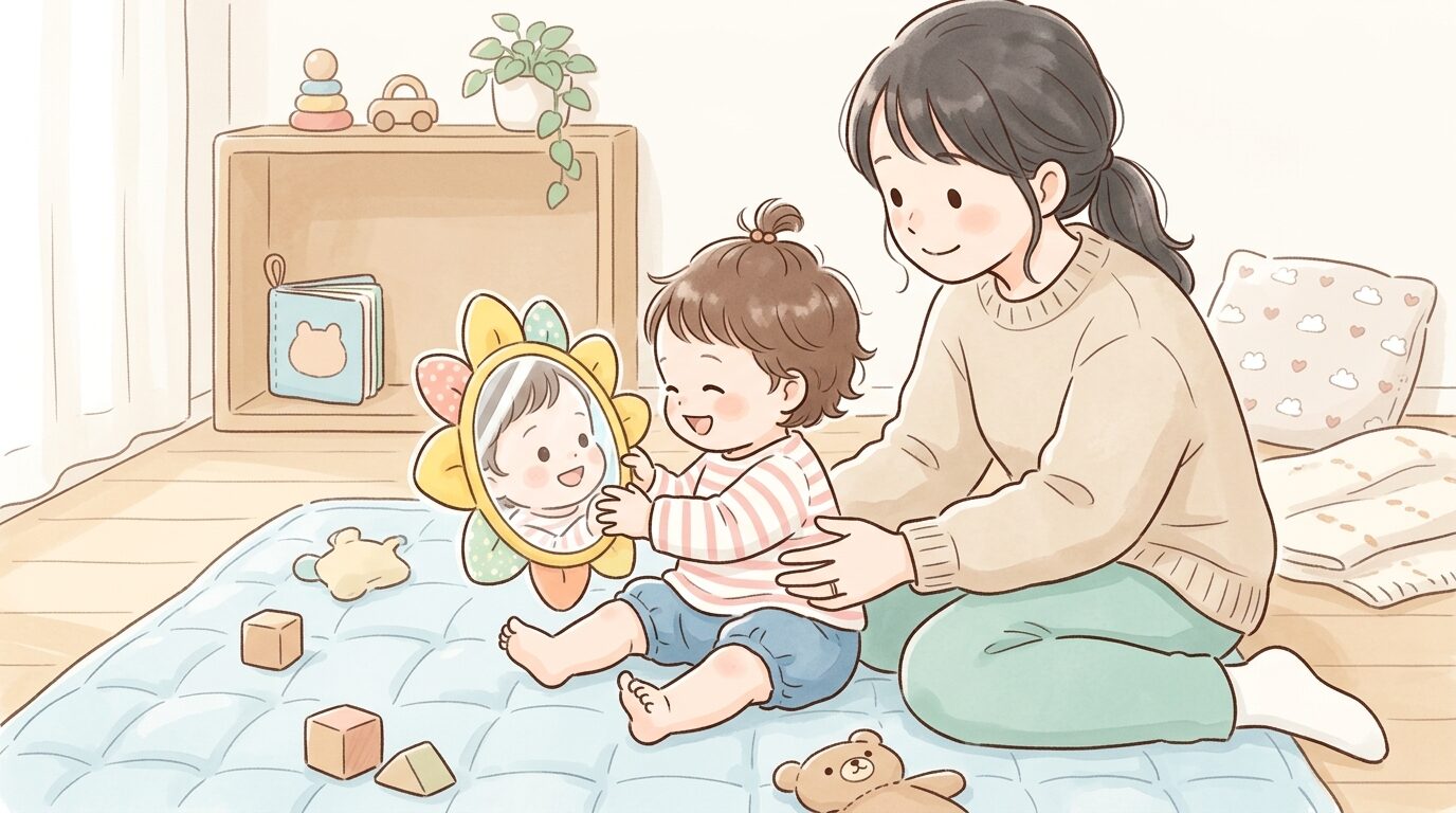 手作りの鏡のおもちゃで遊ぶ1歳児と、その隣で優しく見守る母親の温かい室内シーン