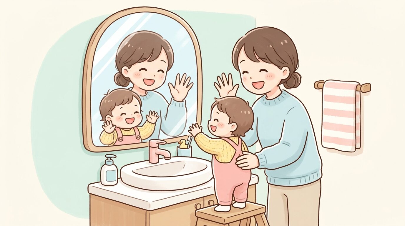 洗面所の鏡の前で親子が一緒に笑顔で手を振り合っている微笑ましい瞬間