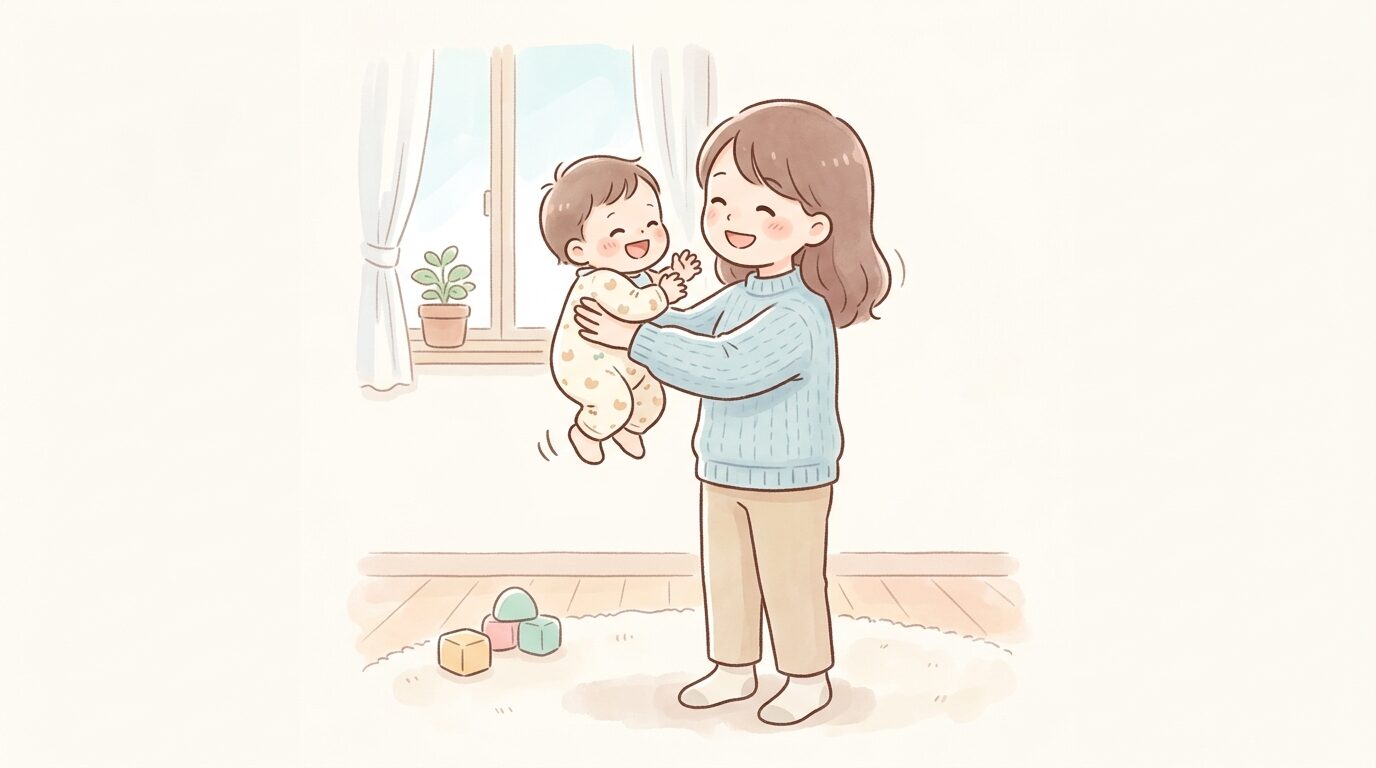 安全な低い高さでゆっくりと赤ちゃんを持ち上げる笑顔のママ、室内の柔らかい照明の中