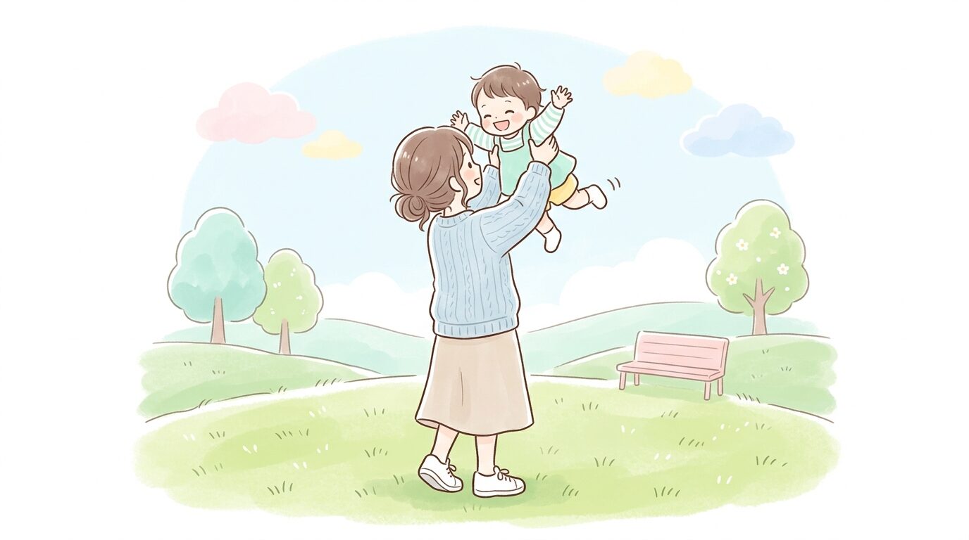 公園の芝生の上で親子が向かい合い、高い高いをしながら笑い合っている親子の後ろ姿