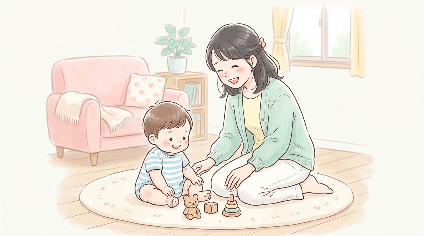 リビングで安定してお座りをする1歳の赤ちゃんを見守る母親の柔らかな笑顔