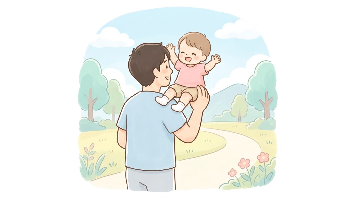 父親が両手で子どもの足をしっかり支えながら公園で肩車をしている後ろ姿
