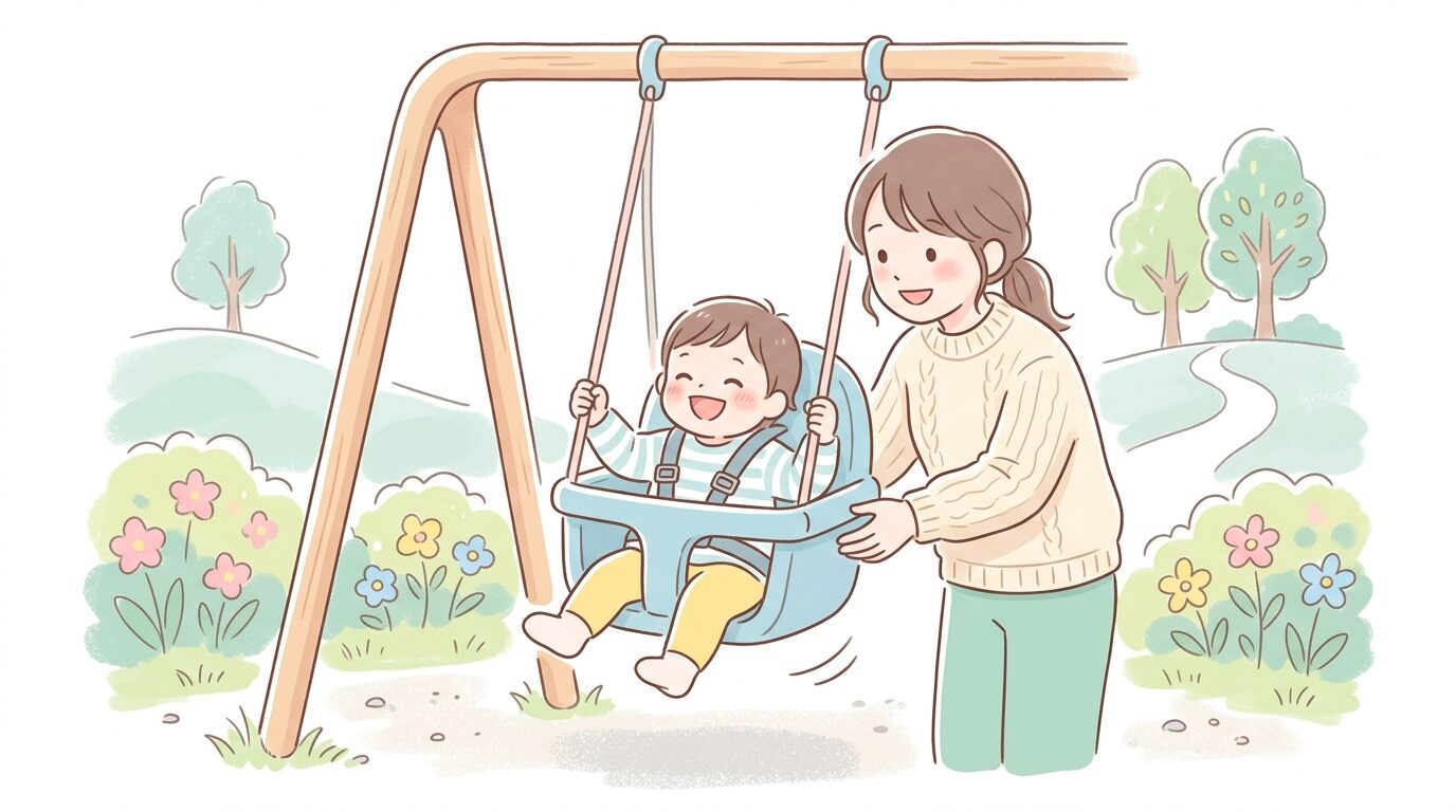 公園のバケット型ブランコに笑顔で乗る1歳児と、そばで優しく見守る母親