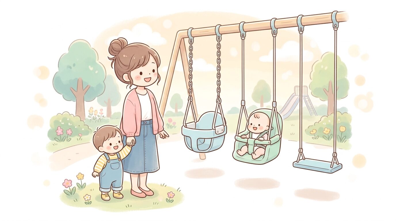 公園のさまざまなブランコの種類（バケットシート型・ハーネス付き幼児用・通常のシート型）を見比べる親子