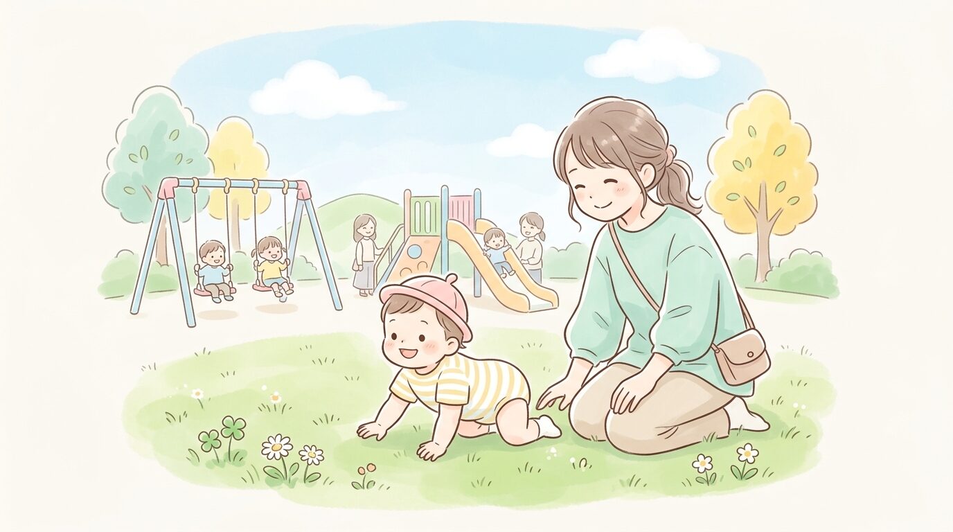 公園の芝生で1歳児がハイハイからよちよち歩きをする様子を見守る母親