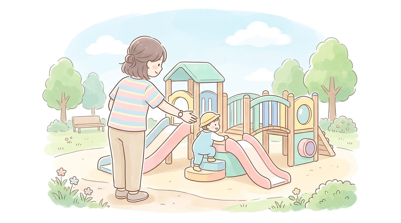 公園の複合遊具のそばで子どもを見守りながら手を伸ばす母親の後ろ姿