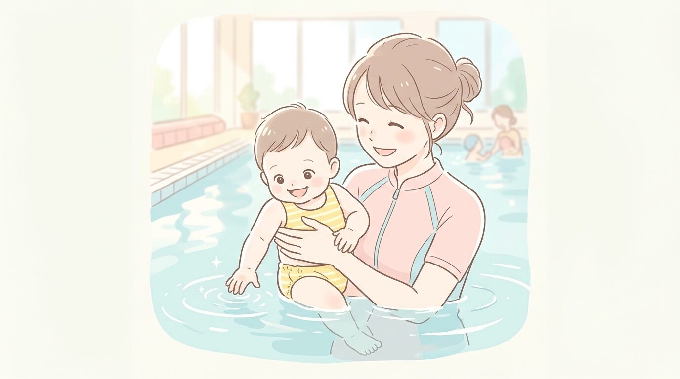 明るい室内温水プールで母親に抱っこされながら水面を楽しそうに見つめる1歳の赤ちゃん